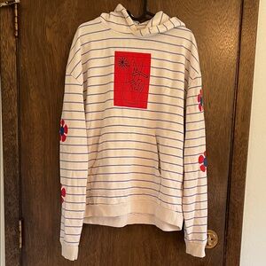 Urban Outfitters Cream and Blue Striped Hoodie with Red flower graphics